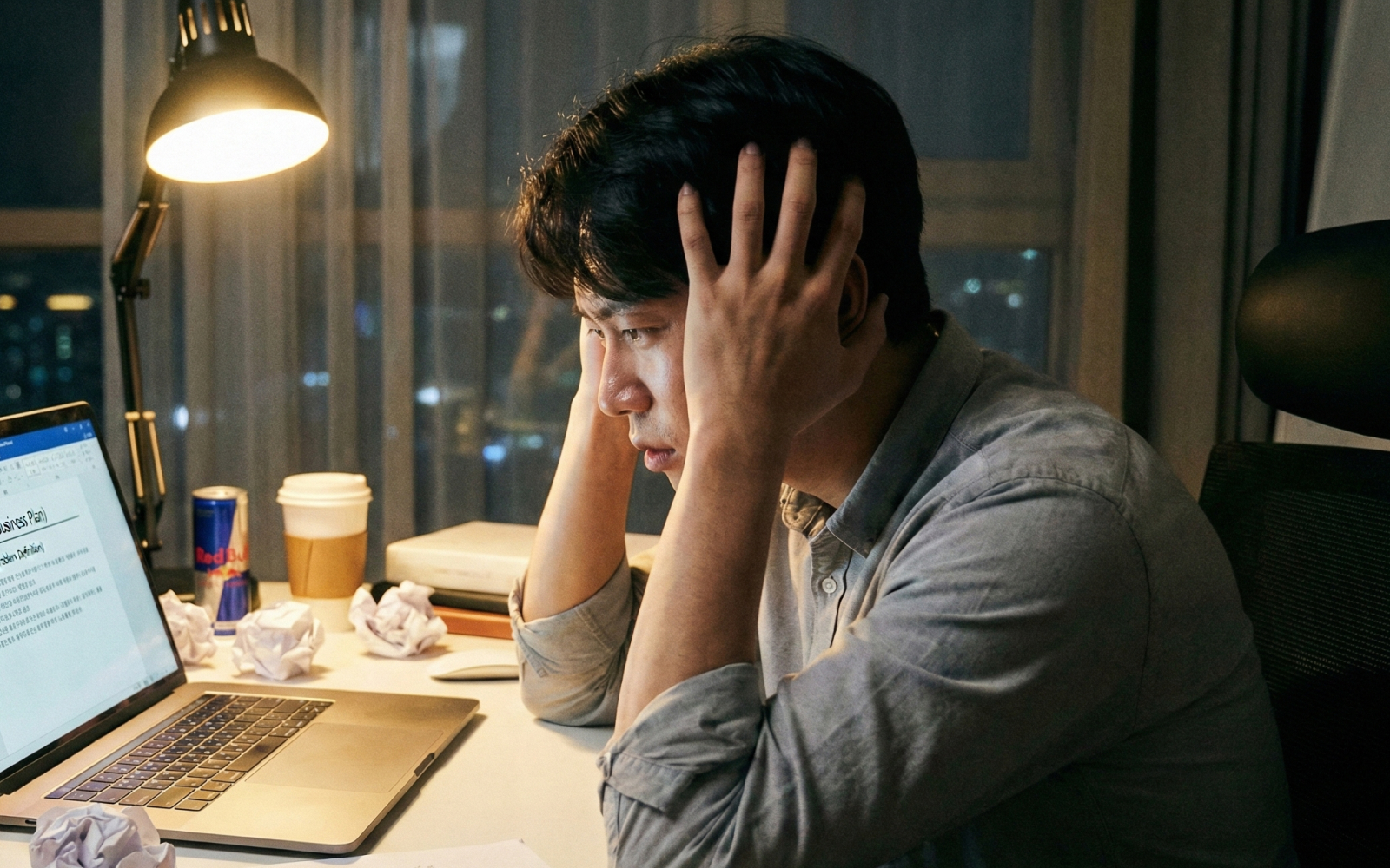 사업계획서의 문제 인식 파트를 고민하는 창업가의 모습