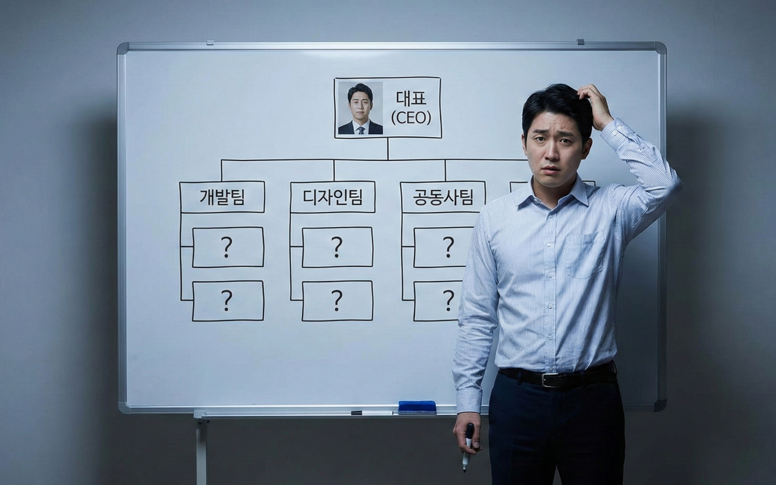 빈 팀원 조직도를 보며 고민하는 1인 창업가