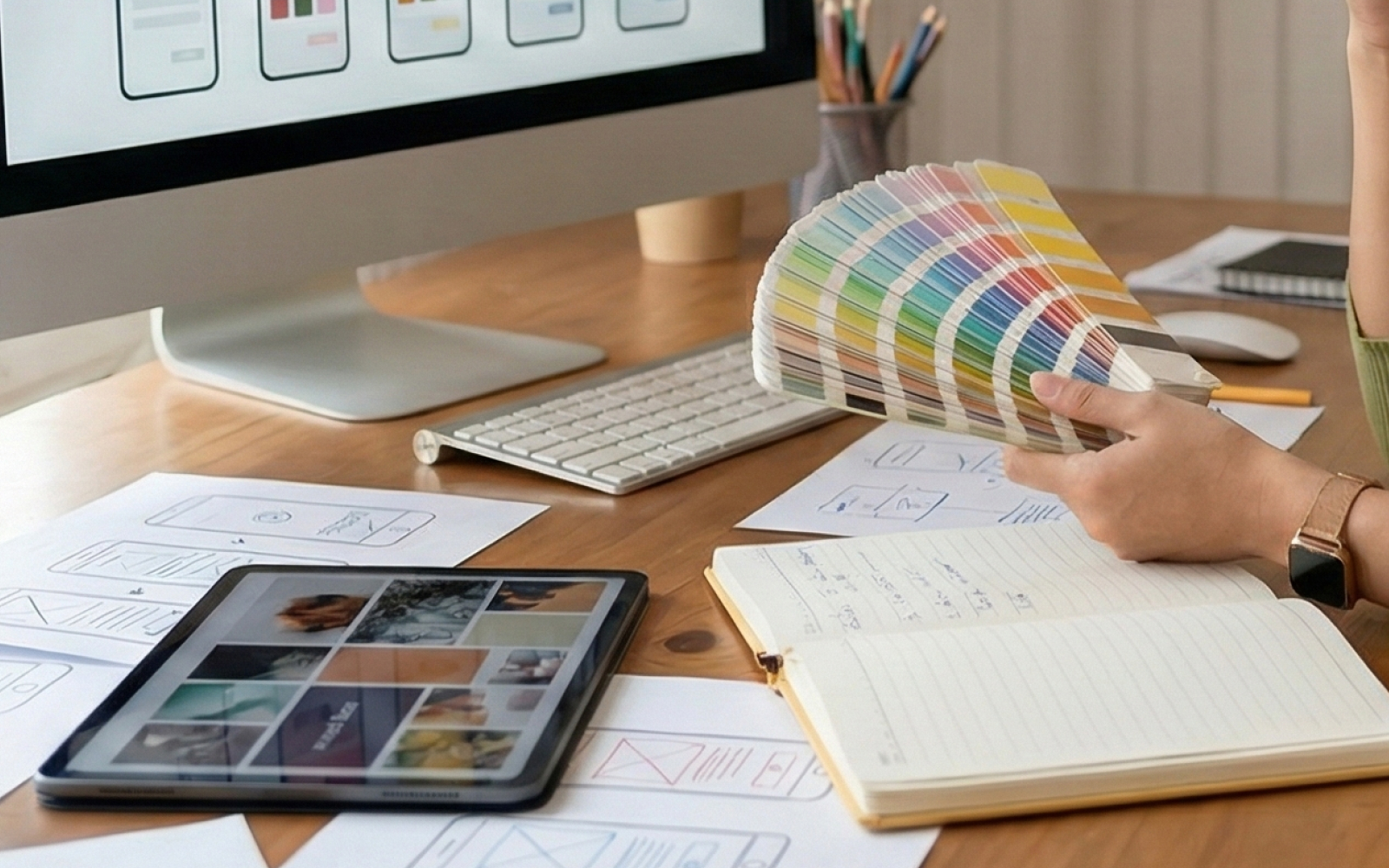 디자이너가 여러 가지 컬러 팔레트를 비교하며 기획하는 모습