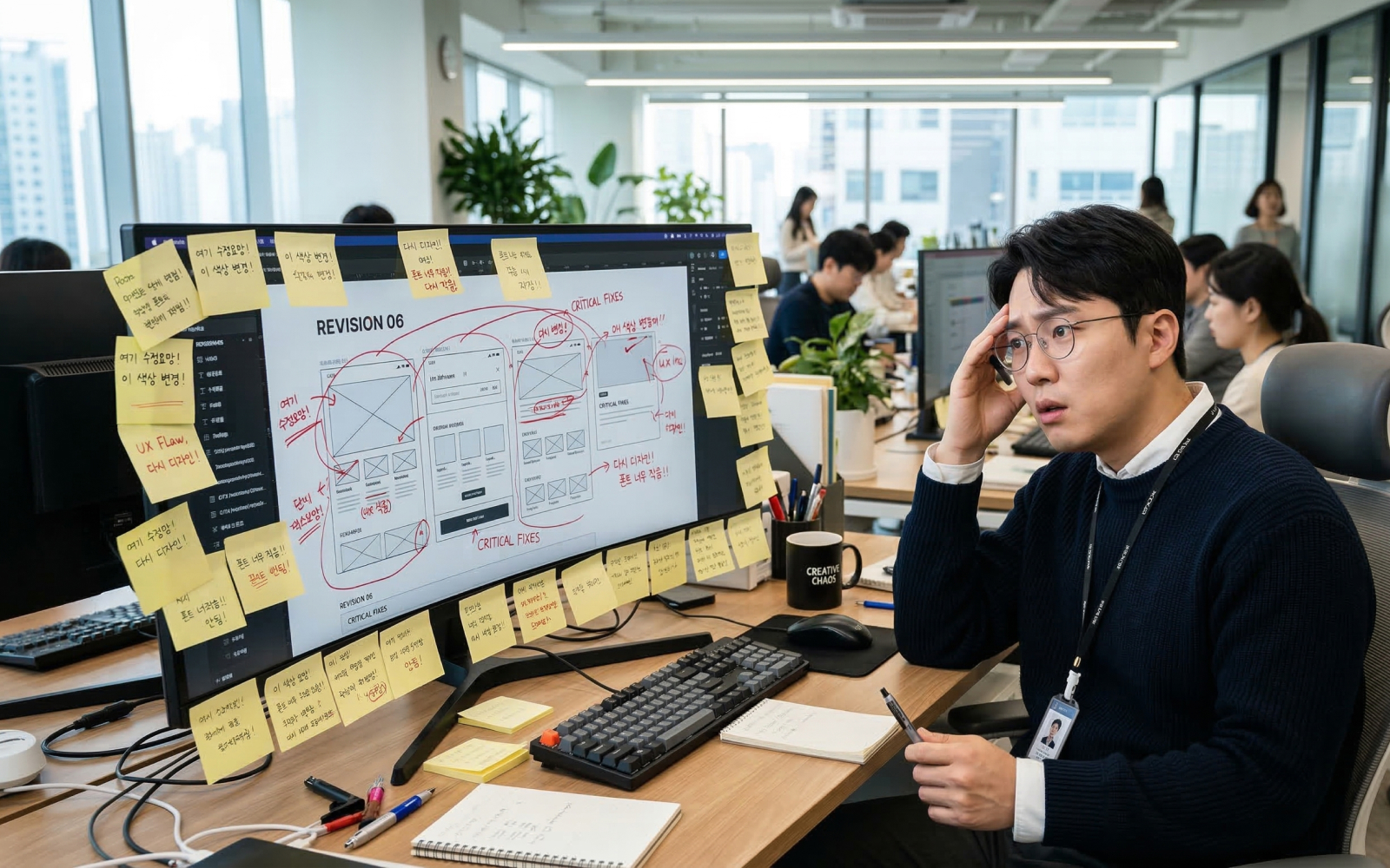 디자인 시안을 두고 클라이언트와 에이전시가 진지하게 의견을 조율하는 모습