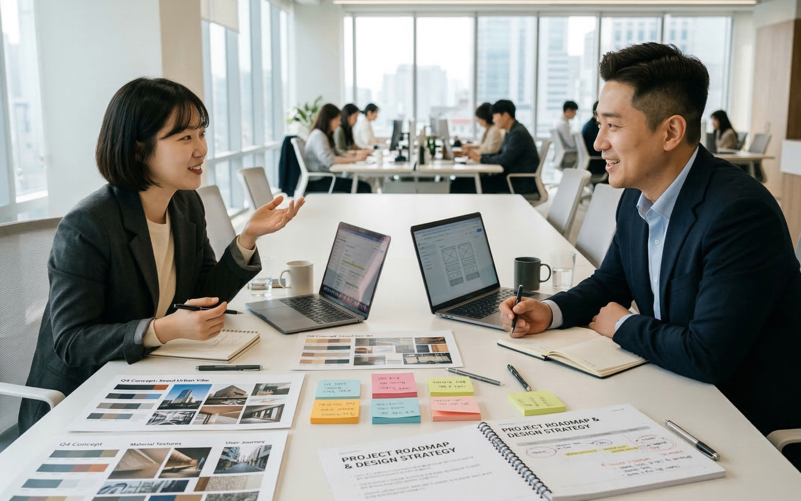 노트북과 기획 문서를 앞에 두고 외주 미팅을 준비하는 한국인 창업자의 모습