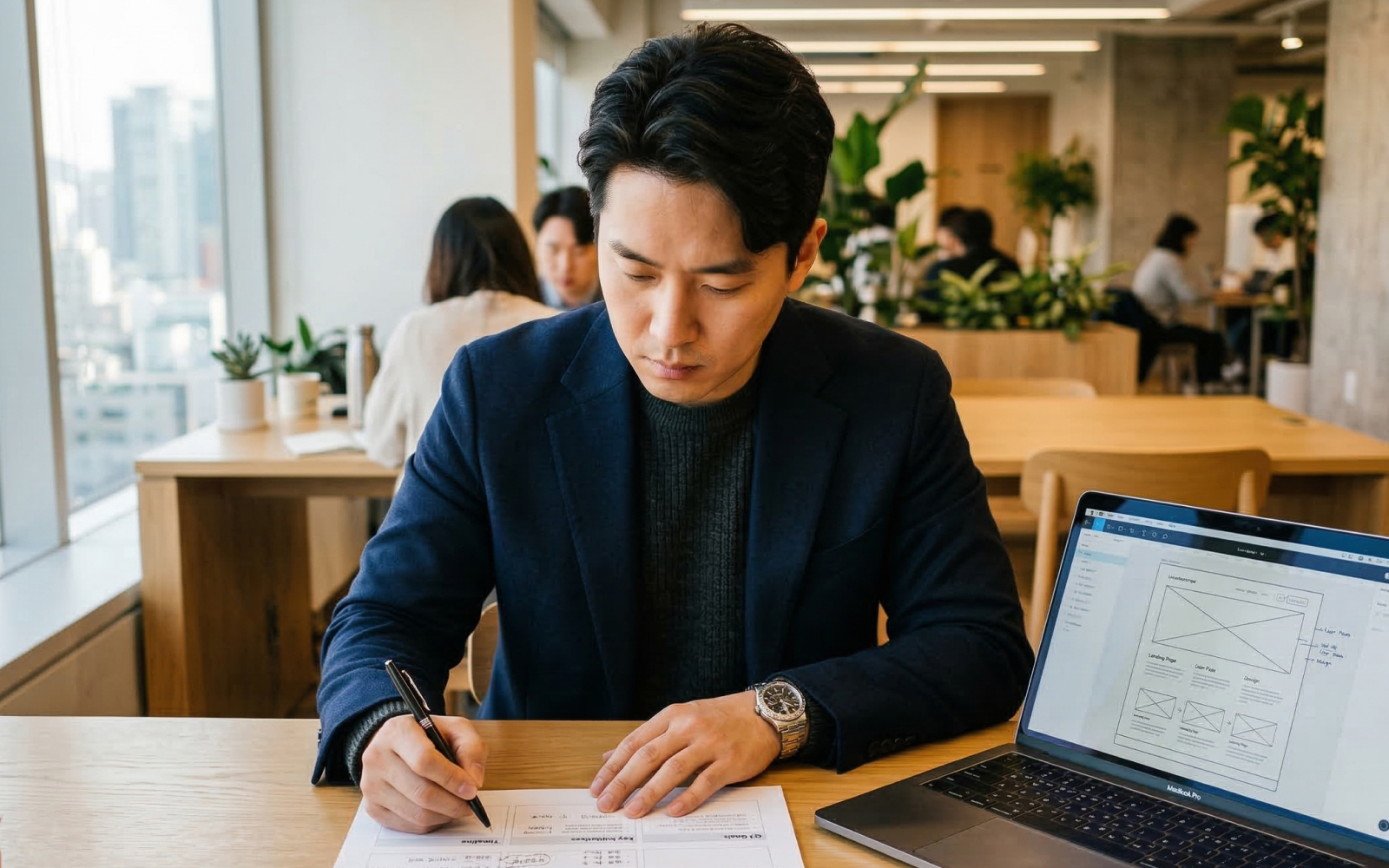 노트북과 기획 문서를 앞에 두고 외주 미팅을 준비하는 한국인 창업자의 모습