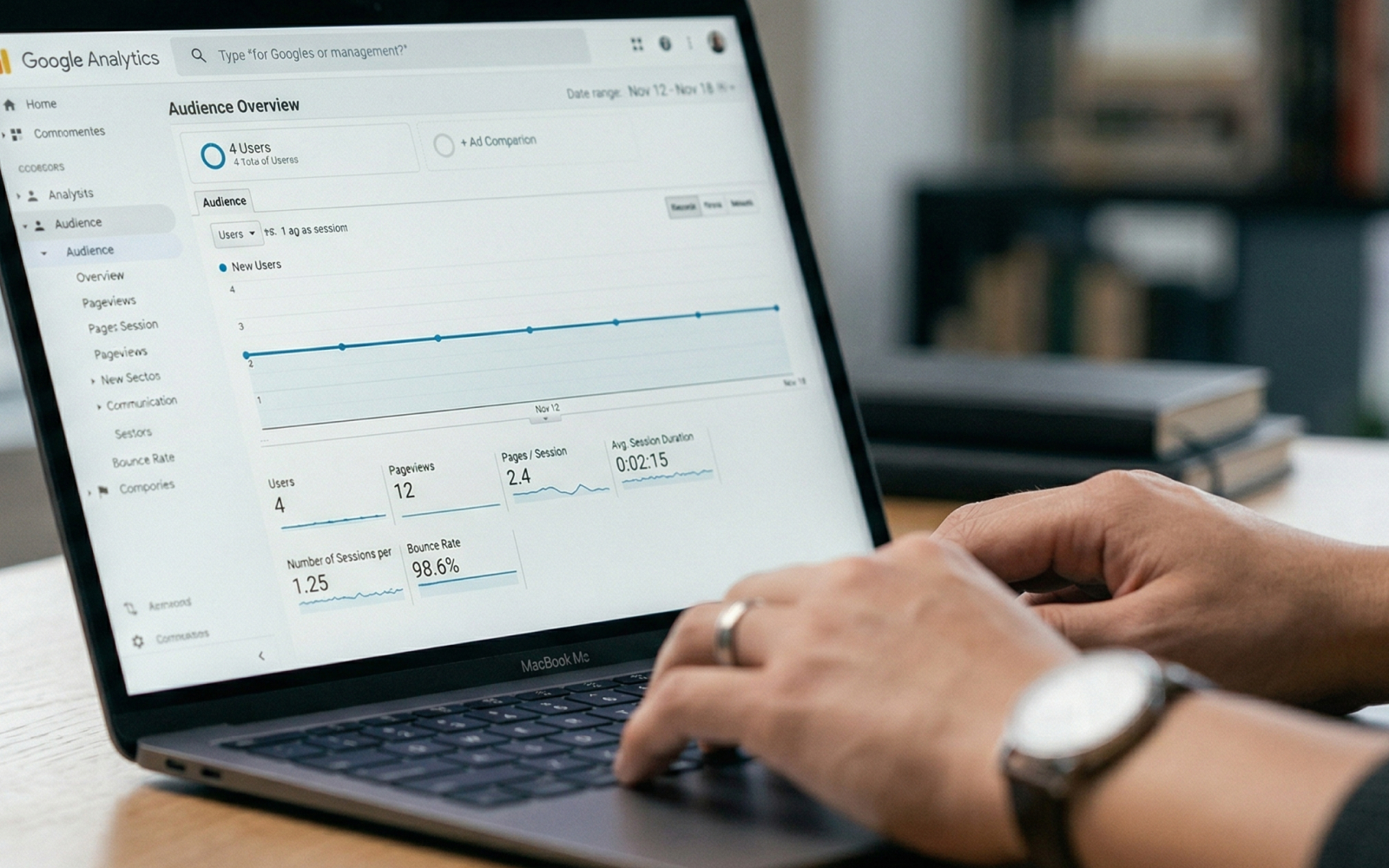 텅 빈 구글 애널리틱스 대시보드를 바라보며 고민하는 한국인 창업자의 모습