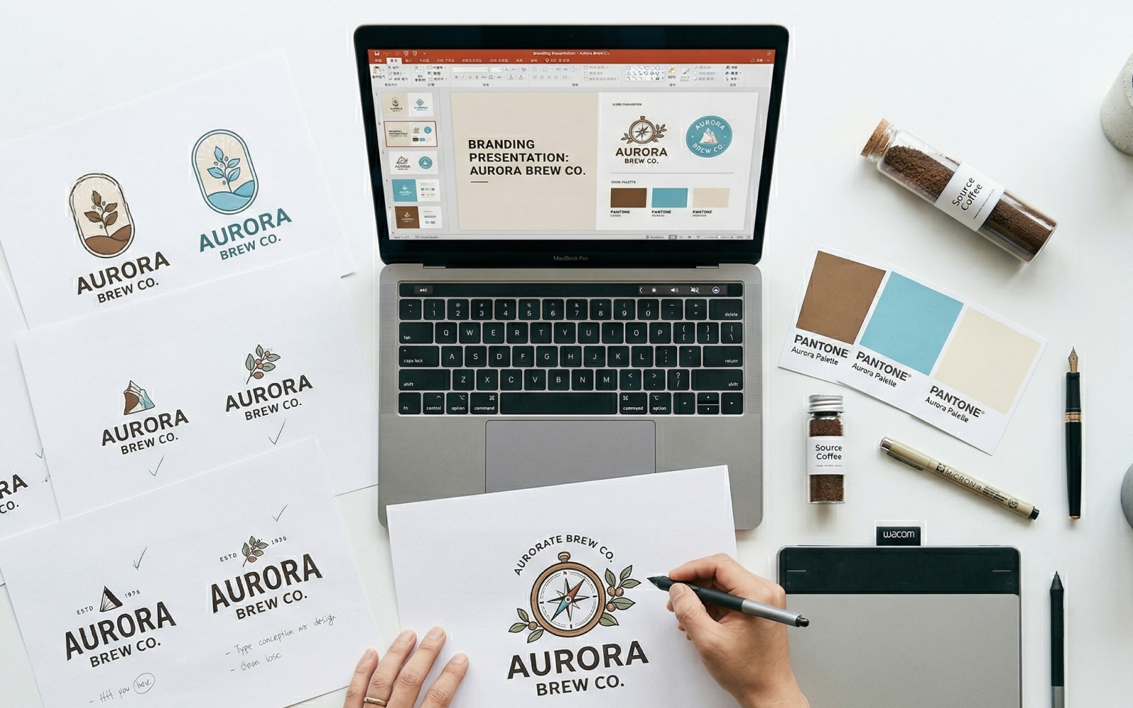 다양한 브랜드 로고 시안들이 펼쳐진 작업 테이블을 살펴보는 한국인 디자이너의 모습