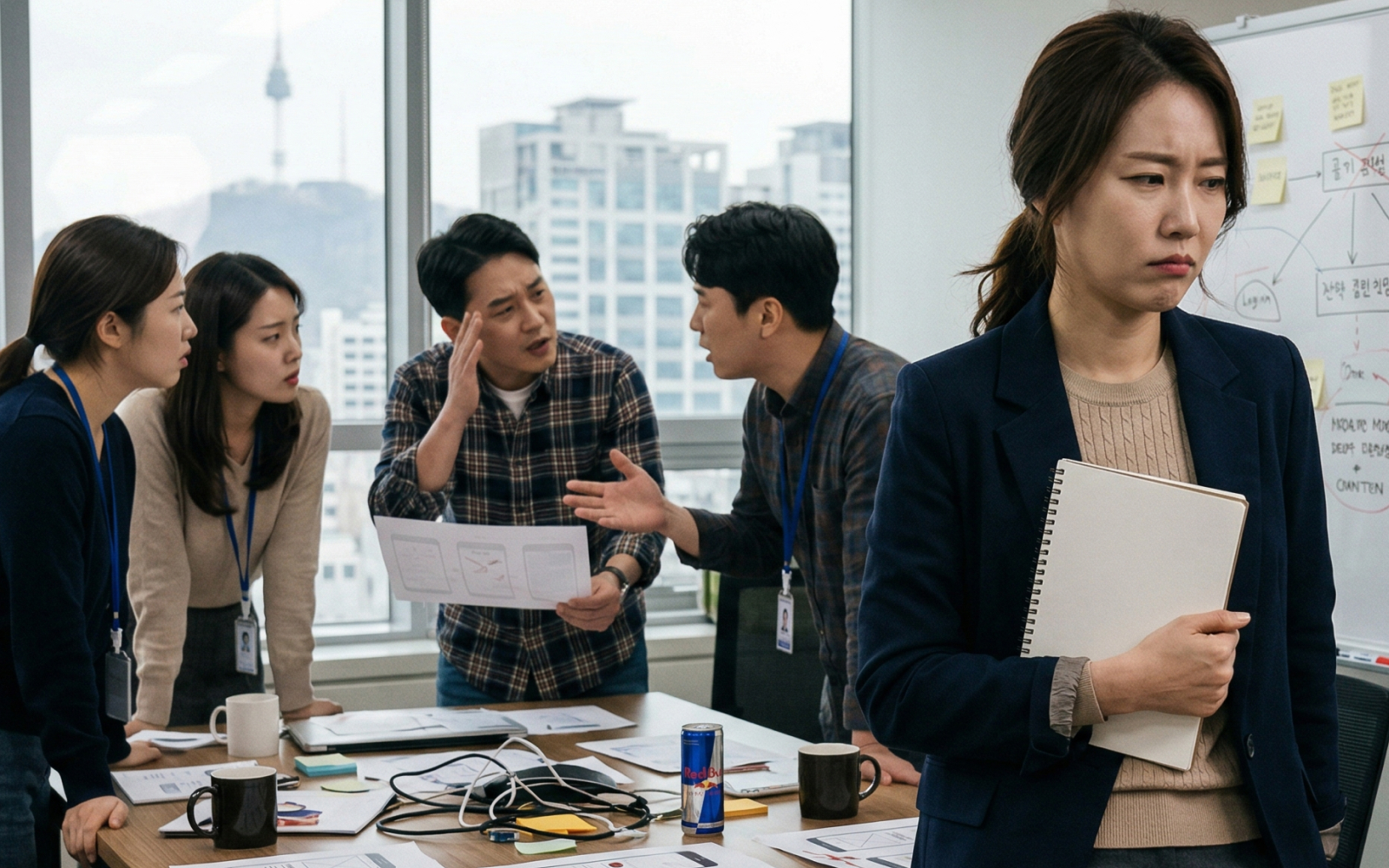 방향 없이 흘러가는 프로젝트로 인해 혼란스러워하는 팀의 모습