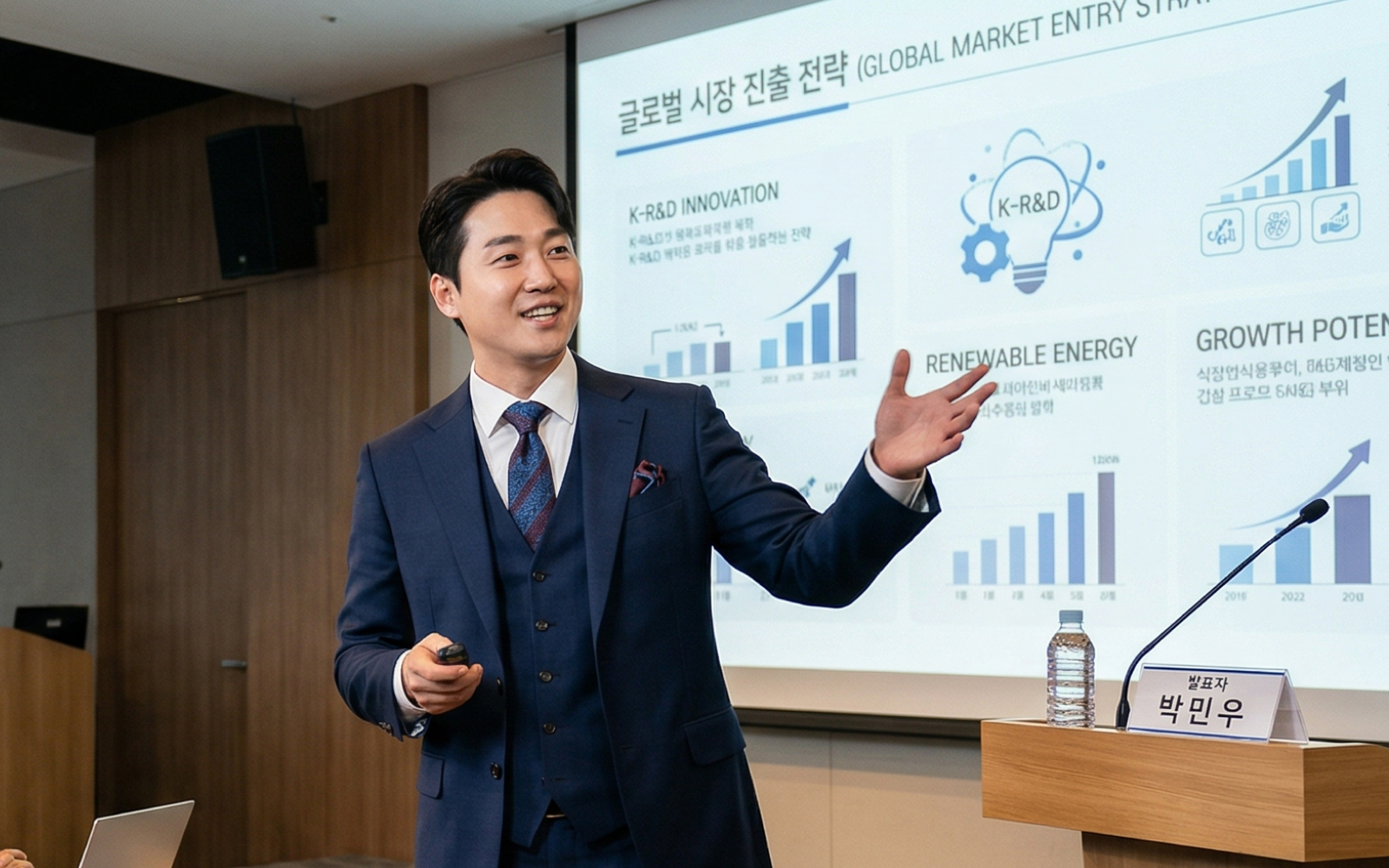 지원사업 발표를 앞두고 PPT 자료를 검토하는 한국인 창업자의 모습