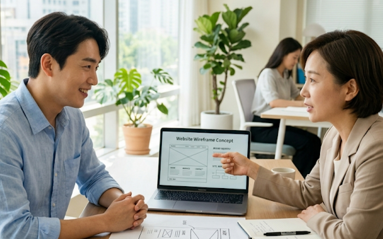 홈페이지 제작을 고민하며 노트북 앞에 앉아 있는 한국인 초기 창업자의 모습