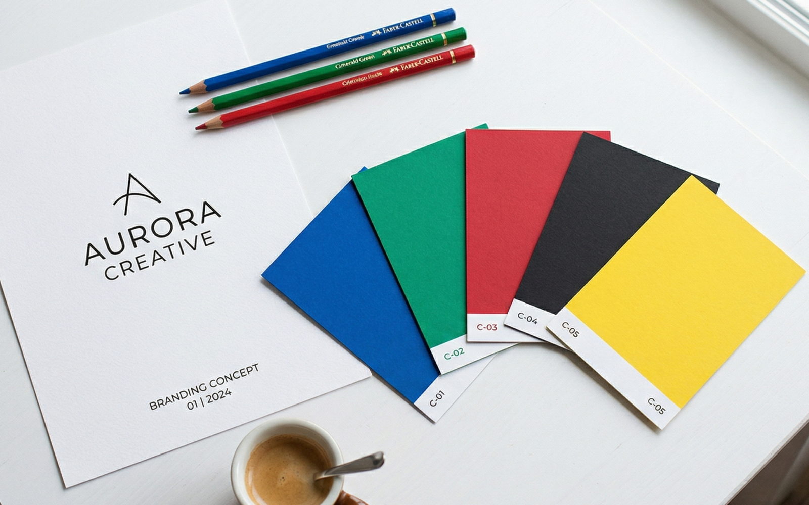 다양한 브랜드 컬러 팔레트를 검토하며 브랜딩 작업을 하는 한국인 디자이너의 모습