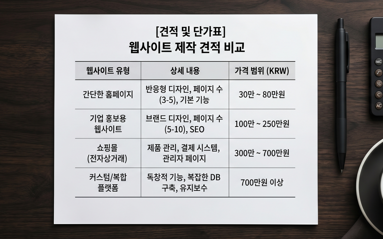 홈페이지 제작 비용 견적서를 검토하며 비교하는 한국인 30대 창업자의 모습