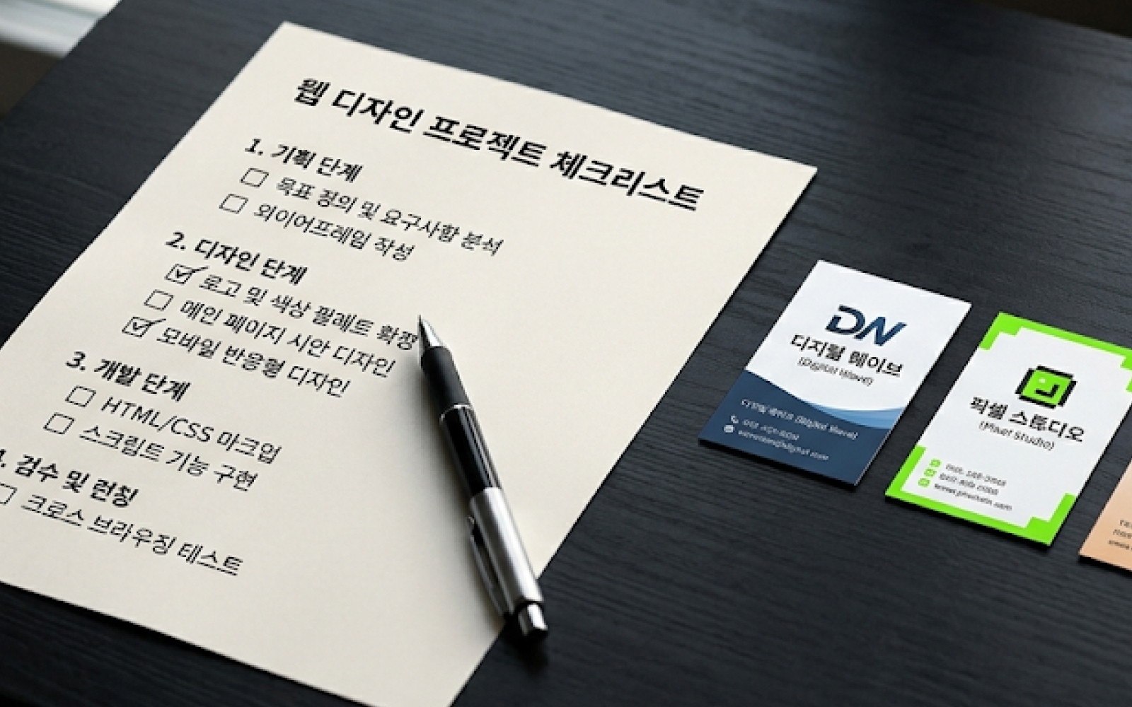 홈페이지 제작 업체 포트폴리오를 비교하며 검토하는 한국인 30대 창업자의 모습